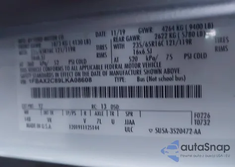 2020 Ford Transit-350 Passenger Van Xl из США, поврежденный, VIN 1FBAX2C89LKA08608